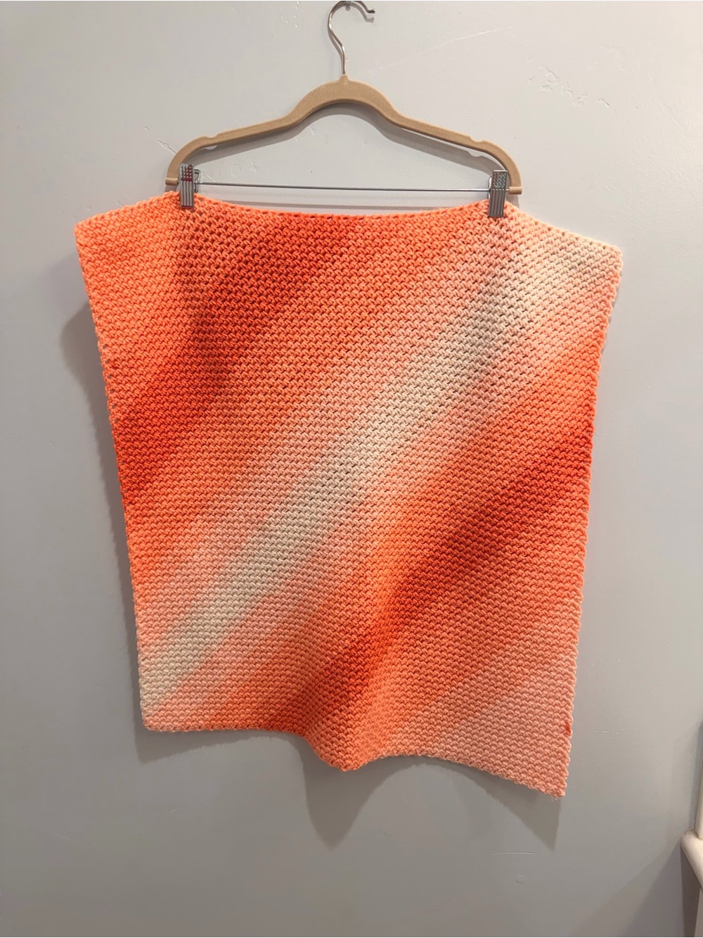 Vintage Hand Knit Ombré Baby Blanket Sunset Orange Peach Cream Stroller 25 x 25
